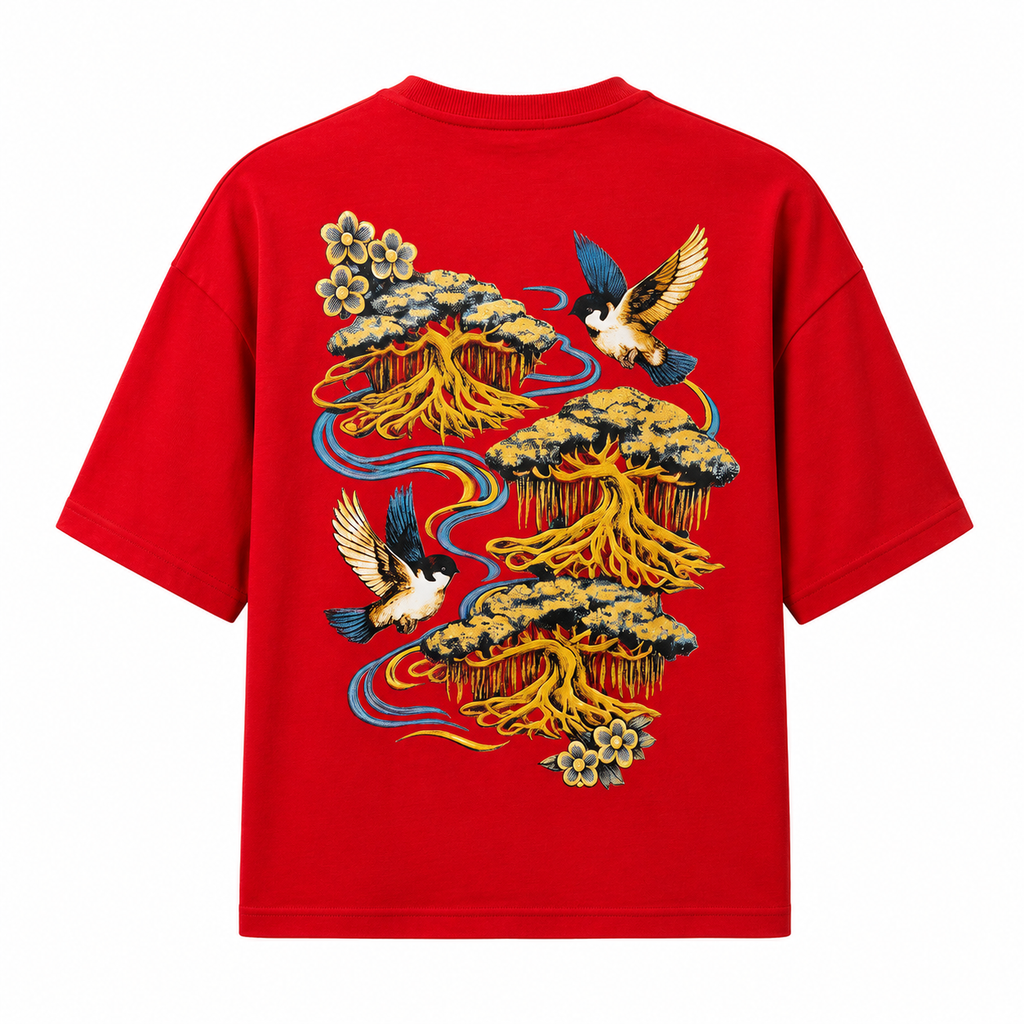 Bonsai & Swallow Oversized Boxy T-Shirt Black