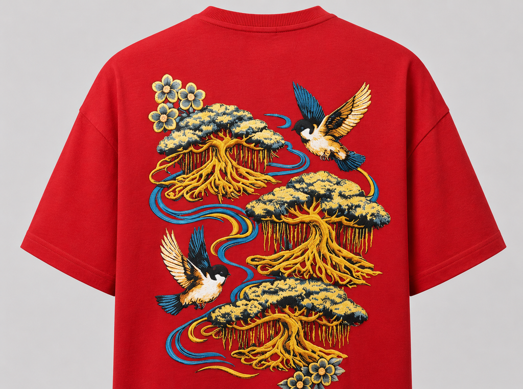 Bonsai & Swallow Oversized Boxy T-Shirt Black